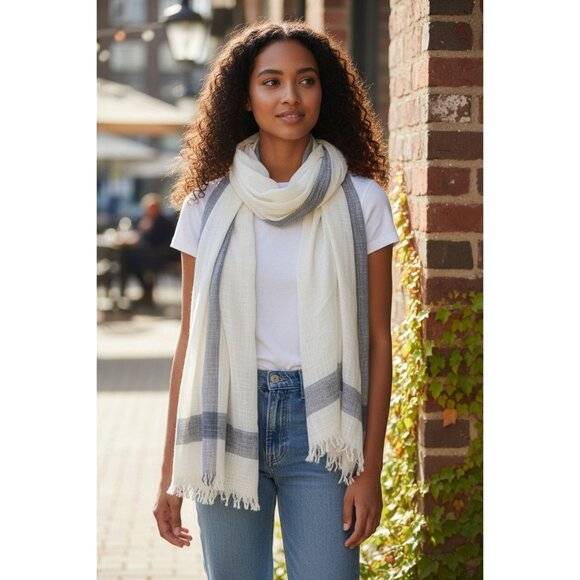 NWT Banana Republic Beige & Navy Plaid Fringe Scarf - Picture 8 of 14